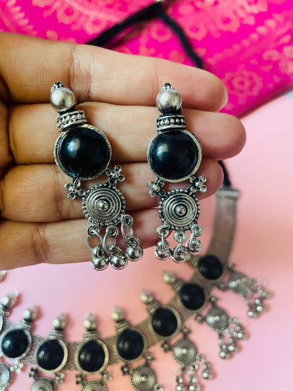 Oxidized Choker and Earring Set: Black Bead Navratri Jewelry