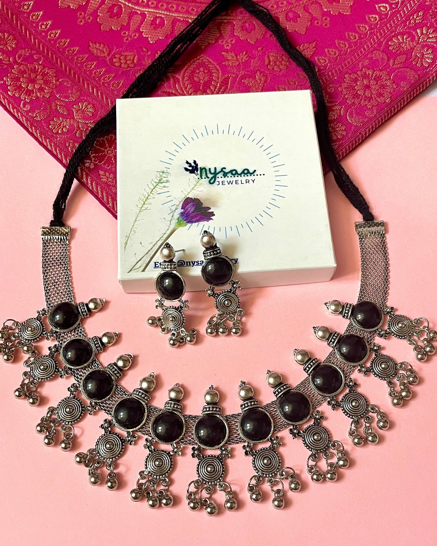 Oxidized Choker and Earring Set: Black Bead Navratri Jewelry