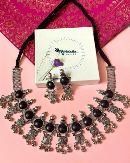 Oxidized Choker and Earring Set: Black Bead Navratri Jewelry