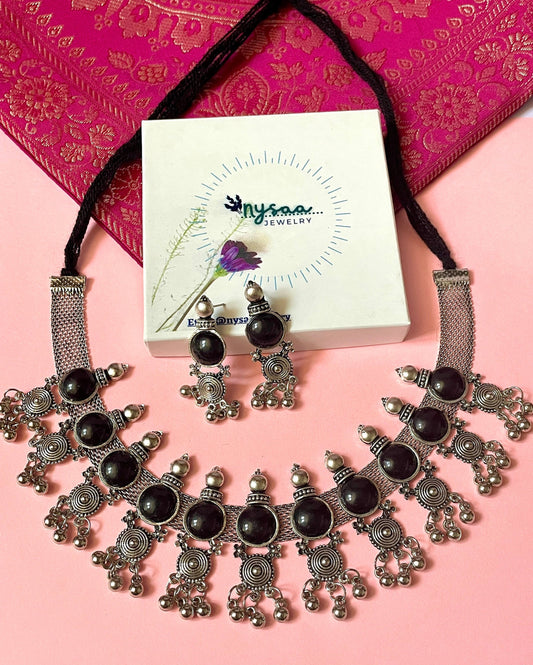 Oxidized Choker and Earring Set: Black Bead Navratri Jewelry
