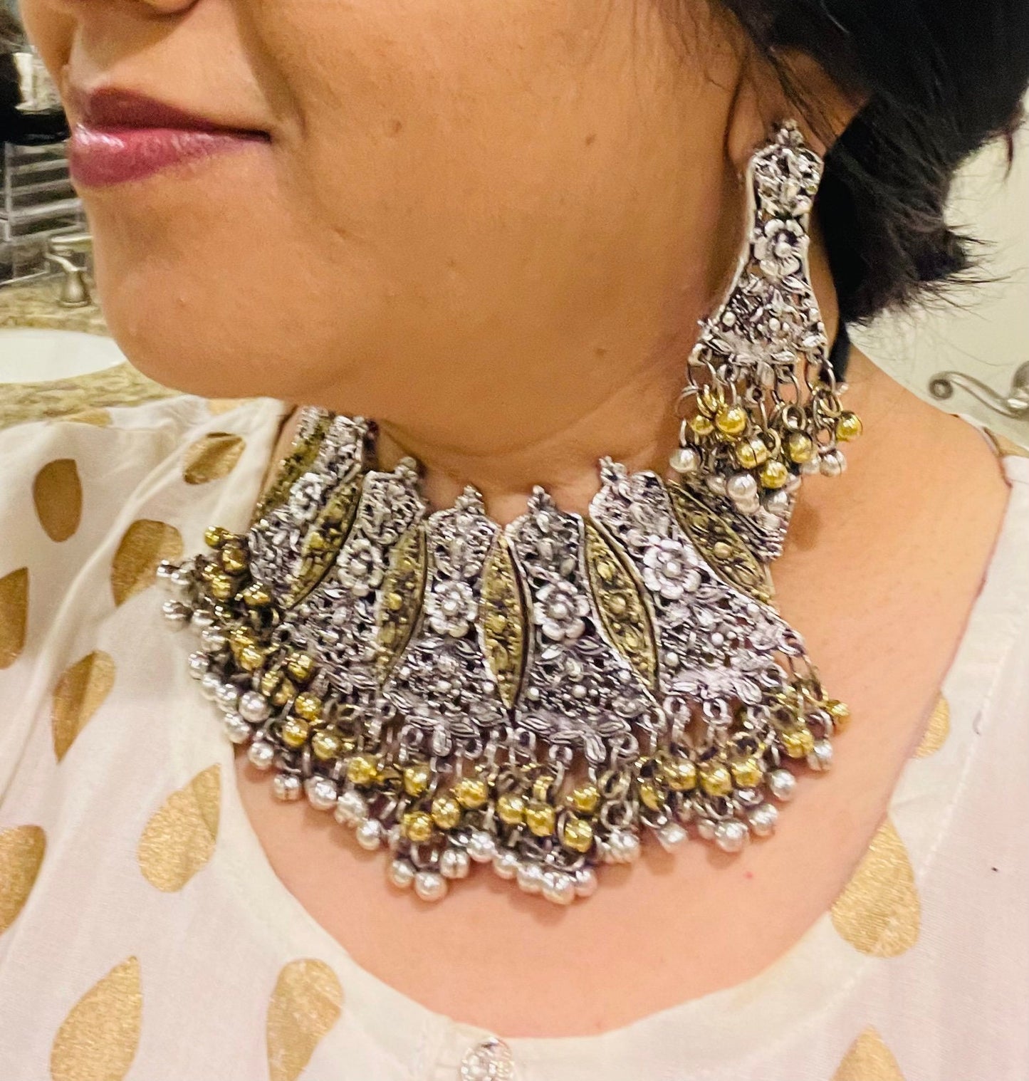 Dual tone choker | Black Oxidised ghungaroo necklace with earrings | Bollywood Jewelry