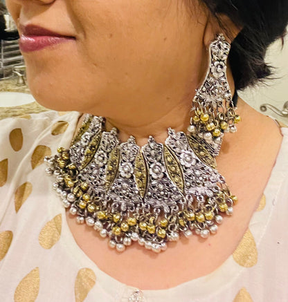 Dual tone choker | Black Oxidised ghungaroo necklace with earrings | Bollywood Jewelry
