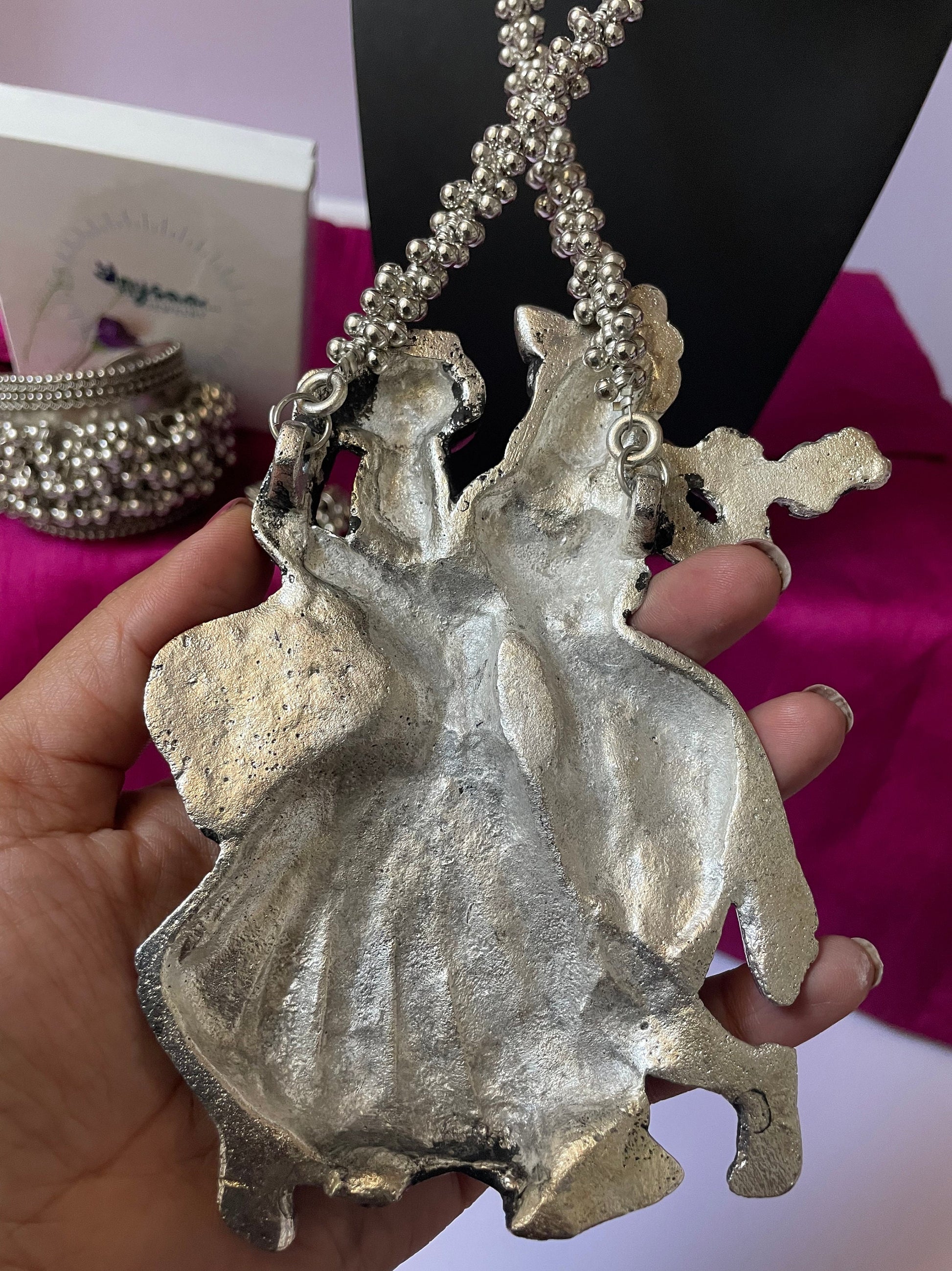 Oxidized Radha Krishna Ghungaroo Necklace with Hoop Earrings