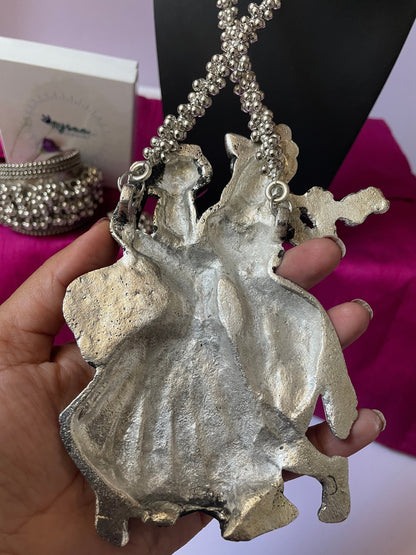 Oxidized Radha Krishna Ghungaroo Necklace with Hoop Earrings