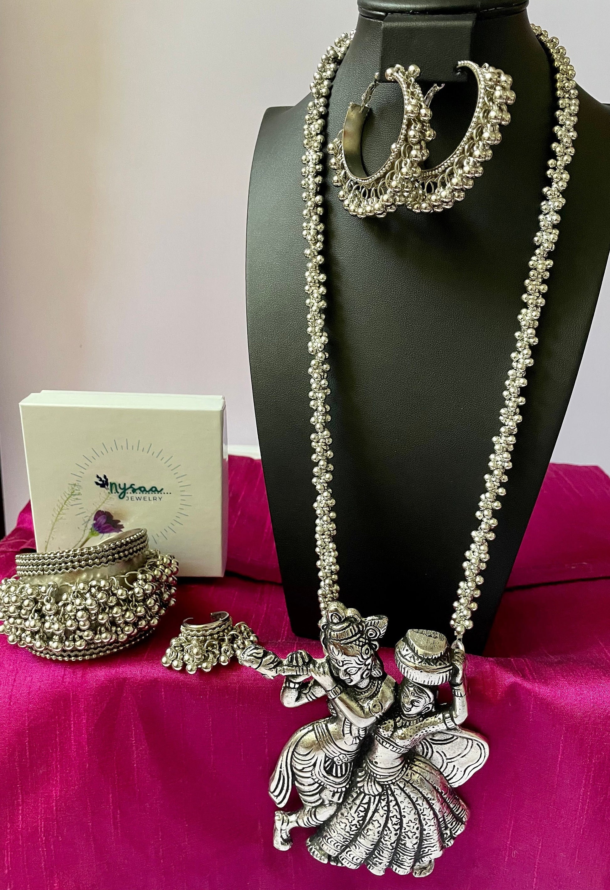 Oxidized Radha Krishna Ghungaroo Necklace with Hoop Earrings