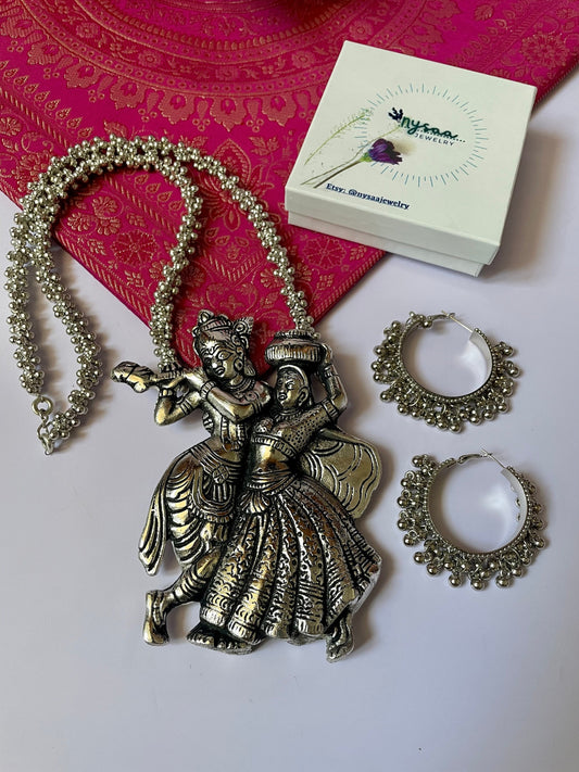 Oxidized Radha Krishna Ghungaroo Necklace with Hoop Earrings