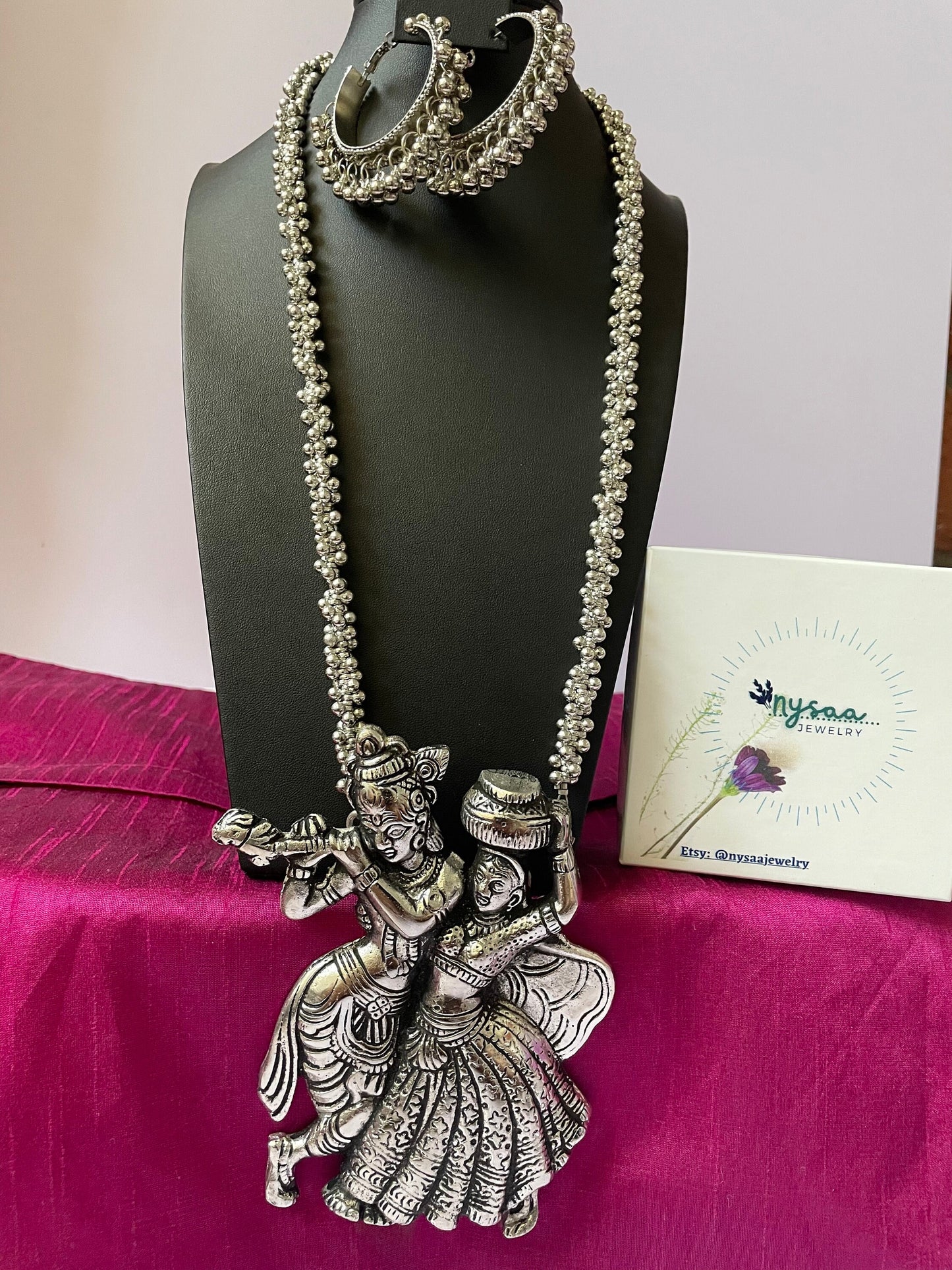 Oxidized Radha Krishna Ghungaroo Necklace with Hoop Earrings