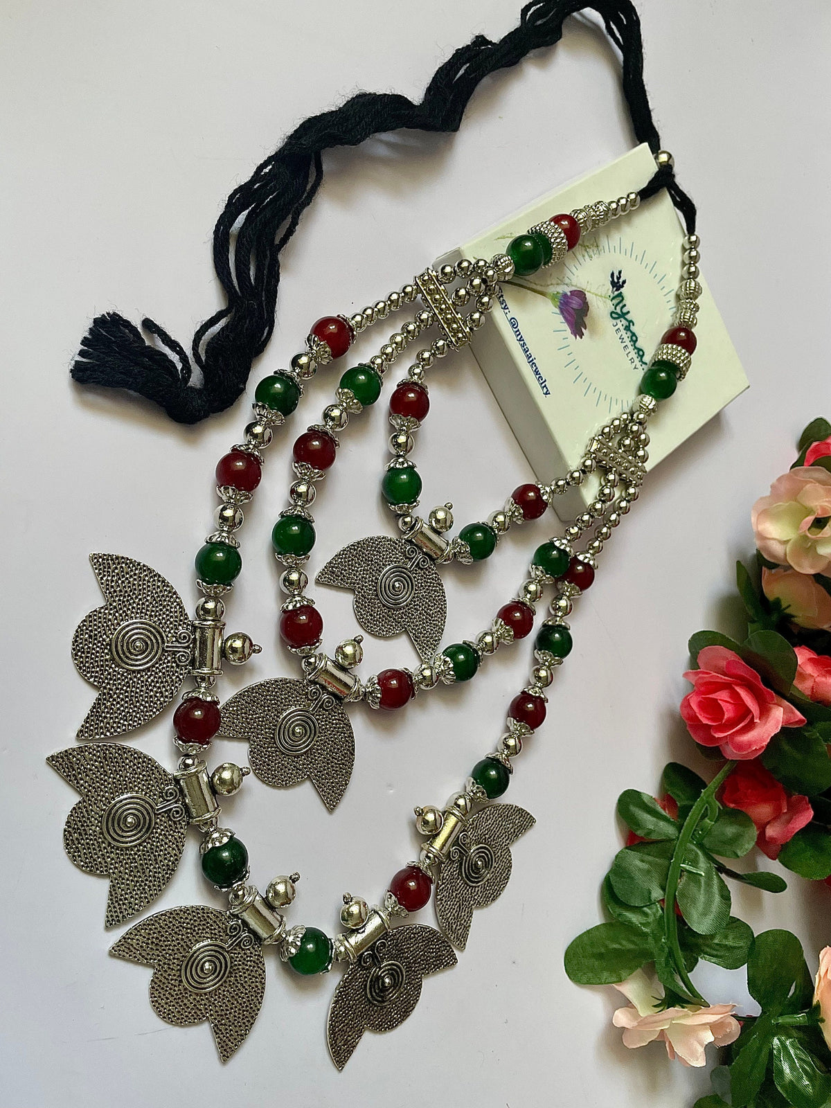Maroon Green Oxidized Long Necklace with adjustable length | Long Oxidized Indian Jewelry | Holi necklace Jewelry | Oxidized Necklace 