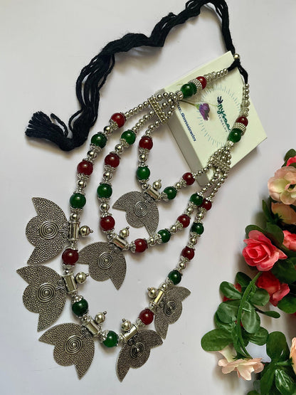 Maroon Green Oxidized Long Necklace with adjustable length | Long Oxidized Indian Jewelry | Holi necklace Jewelry | Oxidized Necklace 