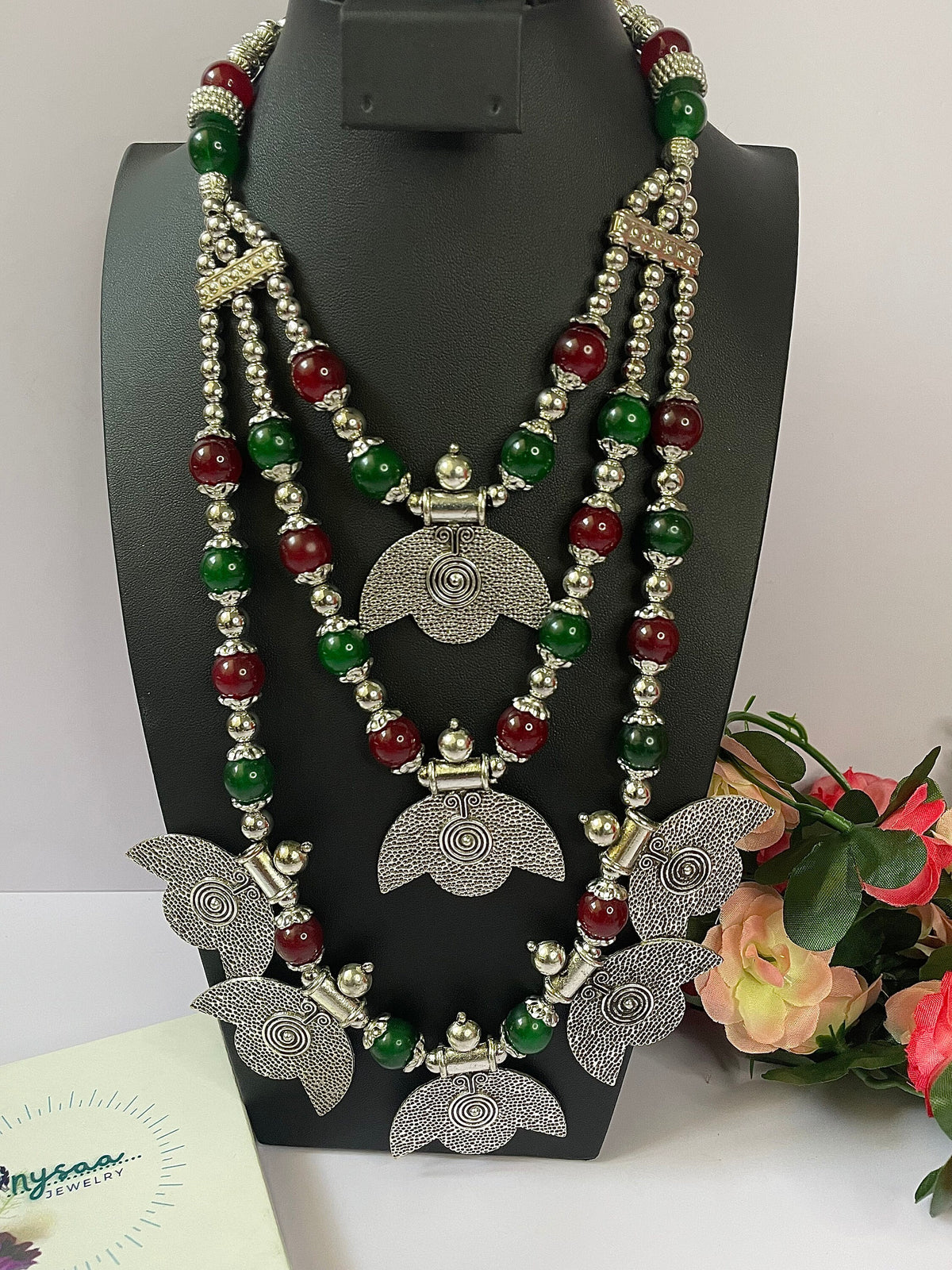 Maroon Green Oxidized Long Necklace with adjustable length | Long Oxidized Indian Jewelry | Holi necklace Jewelry | Oxidized Necklace 