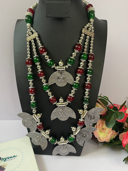 Maroon Green Oxidized Long Necklace with adjustable length | Long Oxidized Indian Jewelry | Holi necklace Jewelry | Oxidized Necklace 