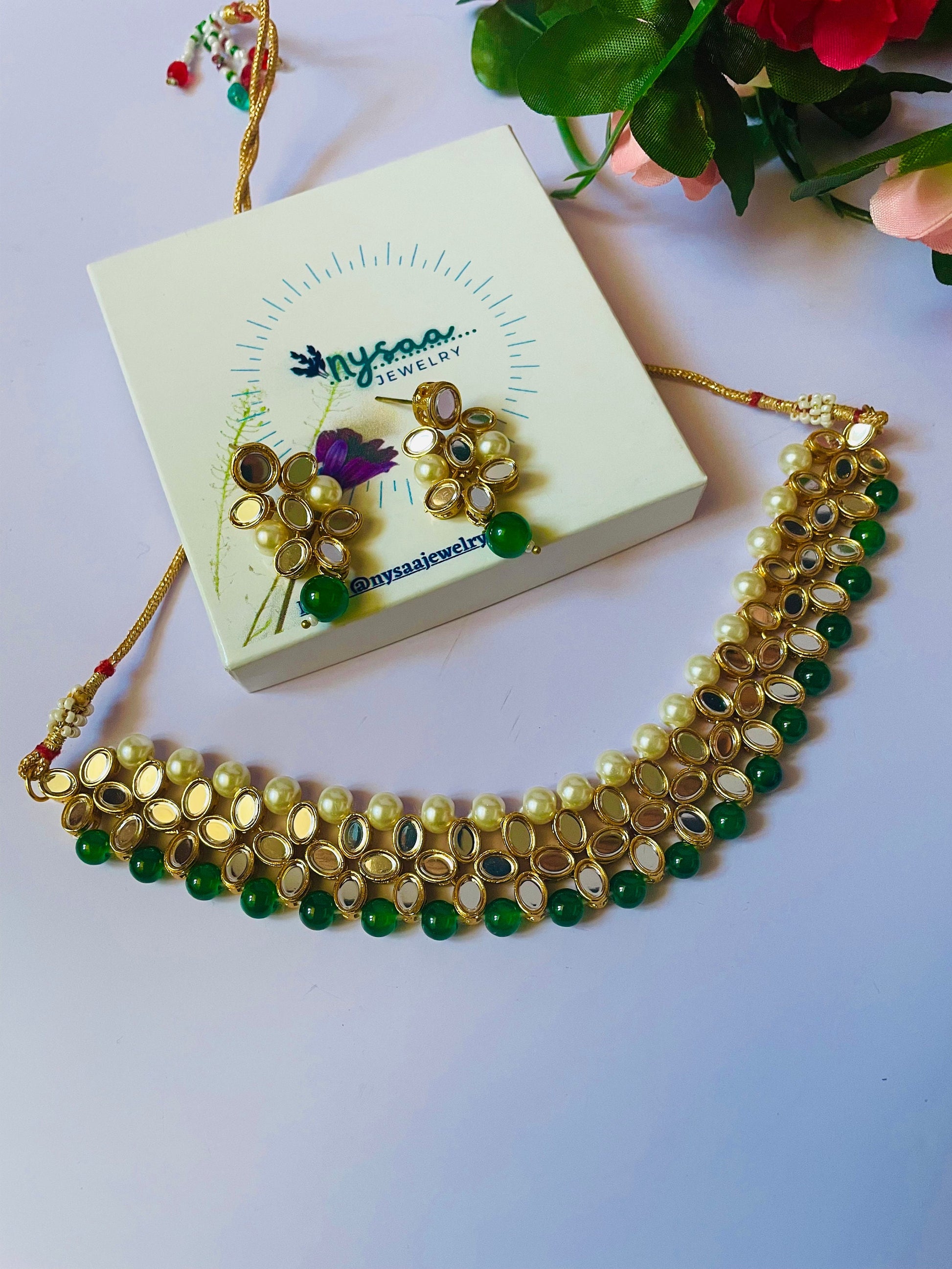 Kundan Mirror Choker Necklace Set: Green Earrings, Pearl Jewelry