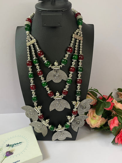 Maroon Green Oxidized Long Necklace with adjustable length | Long Oxidized Indian Jewelry | Holi necklace Jewelry | Oxidized Necklace 