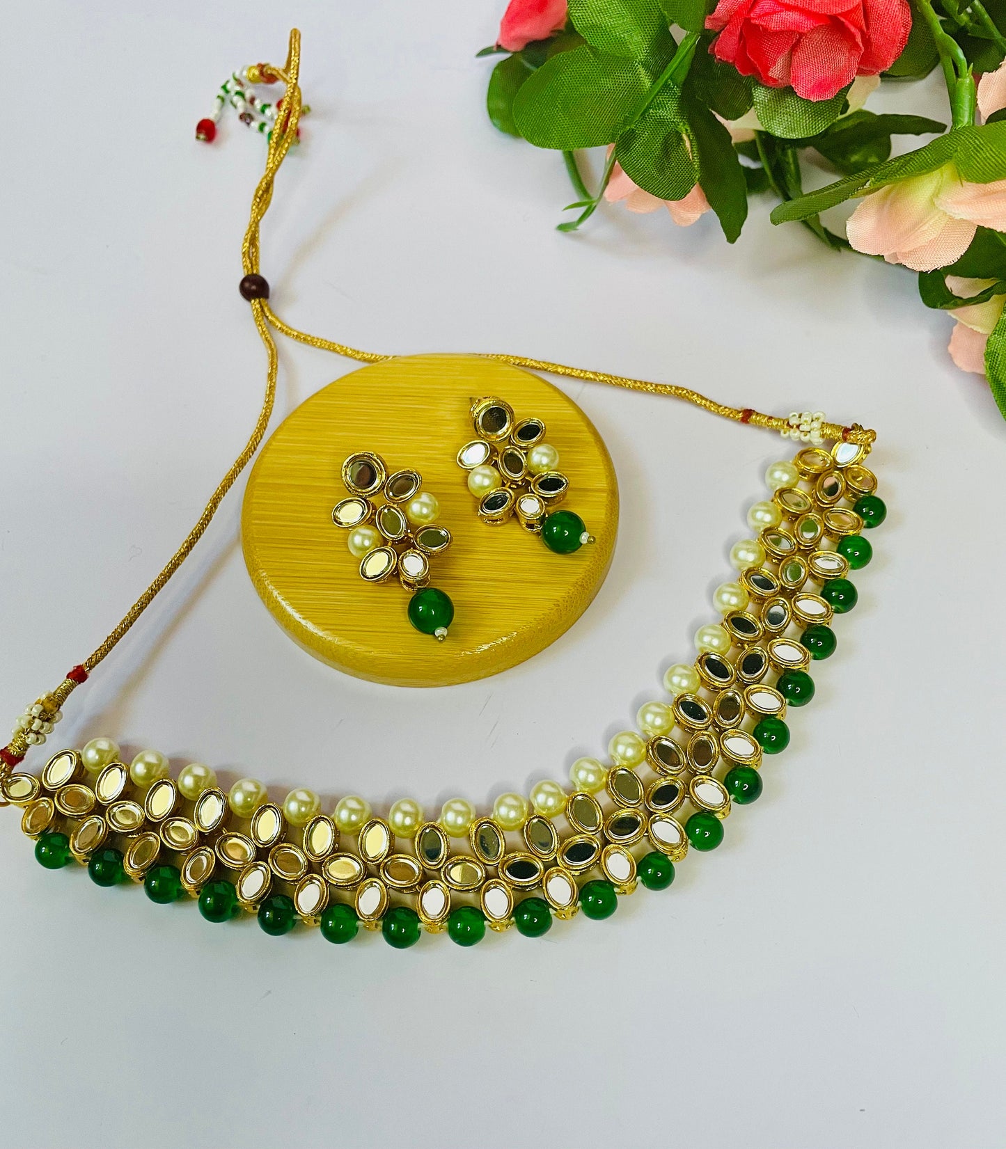 Kundan Mirror Choker Necklace Set: Green Earrings, Pearl Jewelry