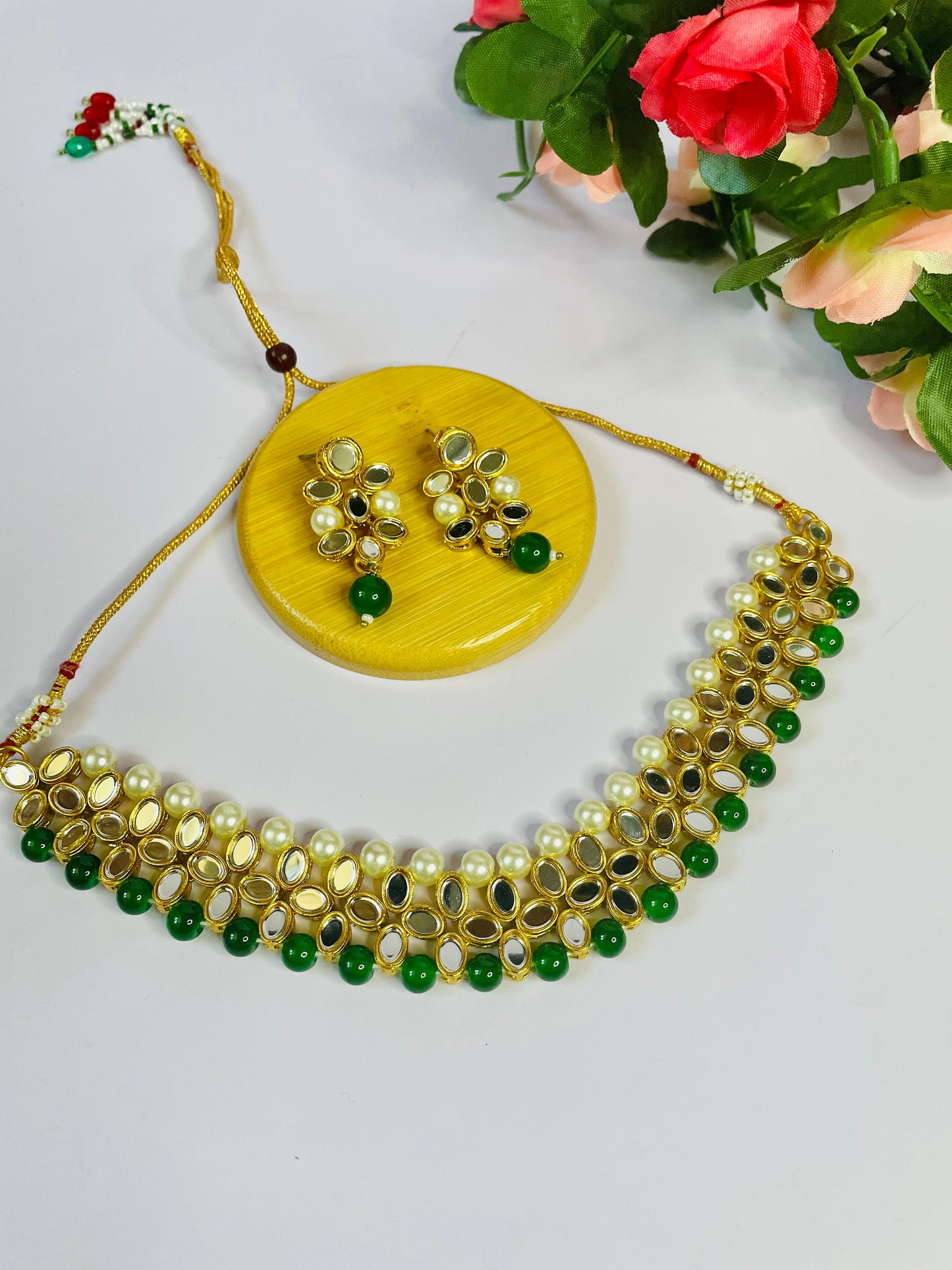 Kundan Mirror Choker Necklace Set: Green Earrings, Pearl Jewelry