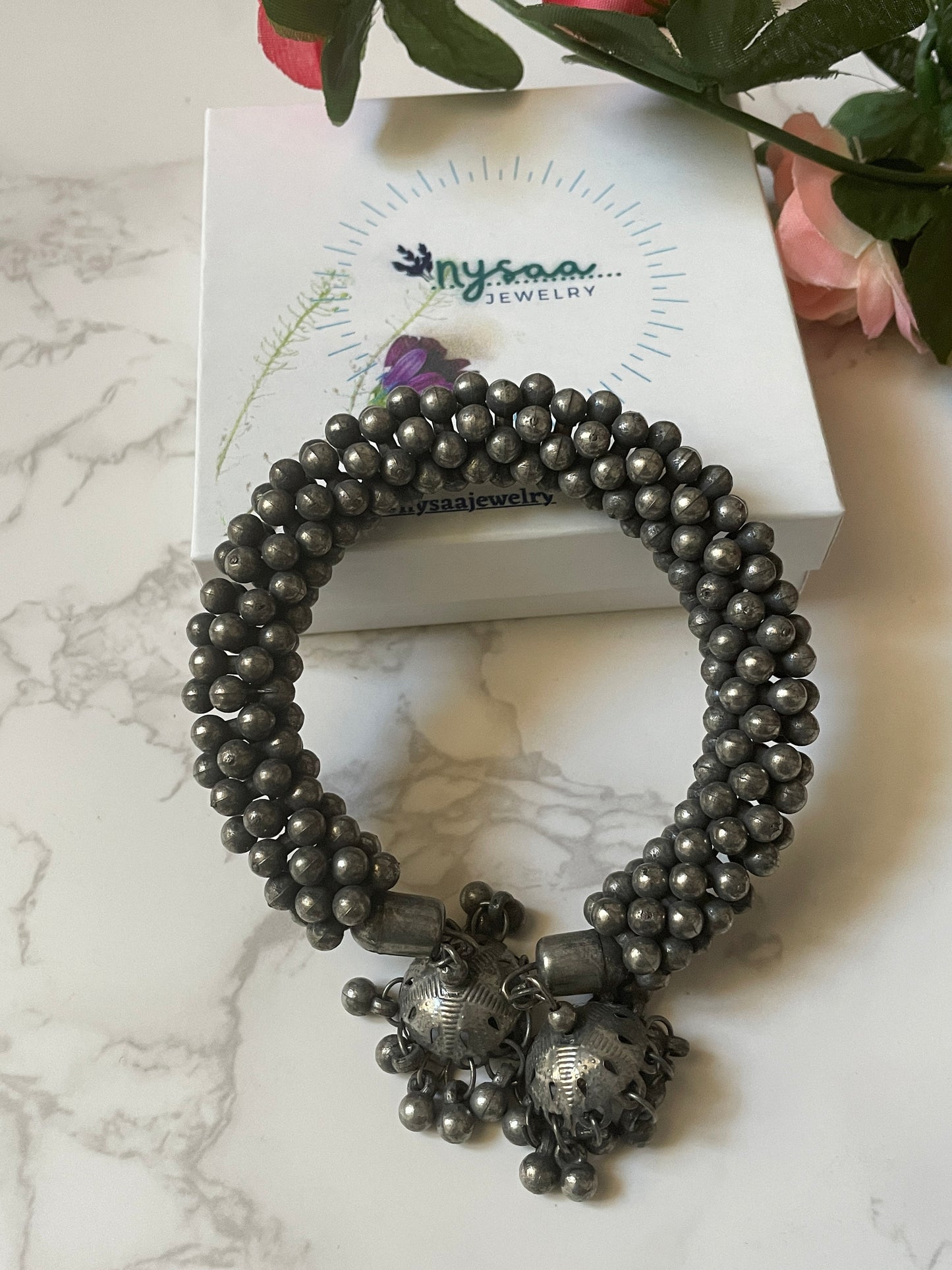 Black Oxidized Ghungaroo Cuff Bracelet: Adjustable Bangle