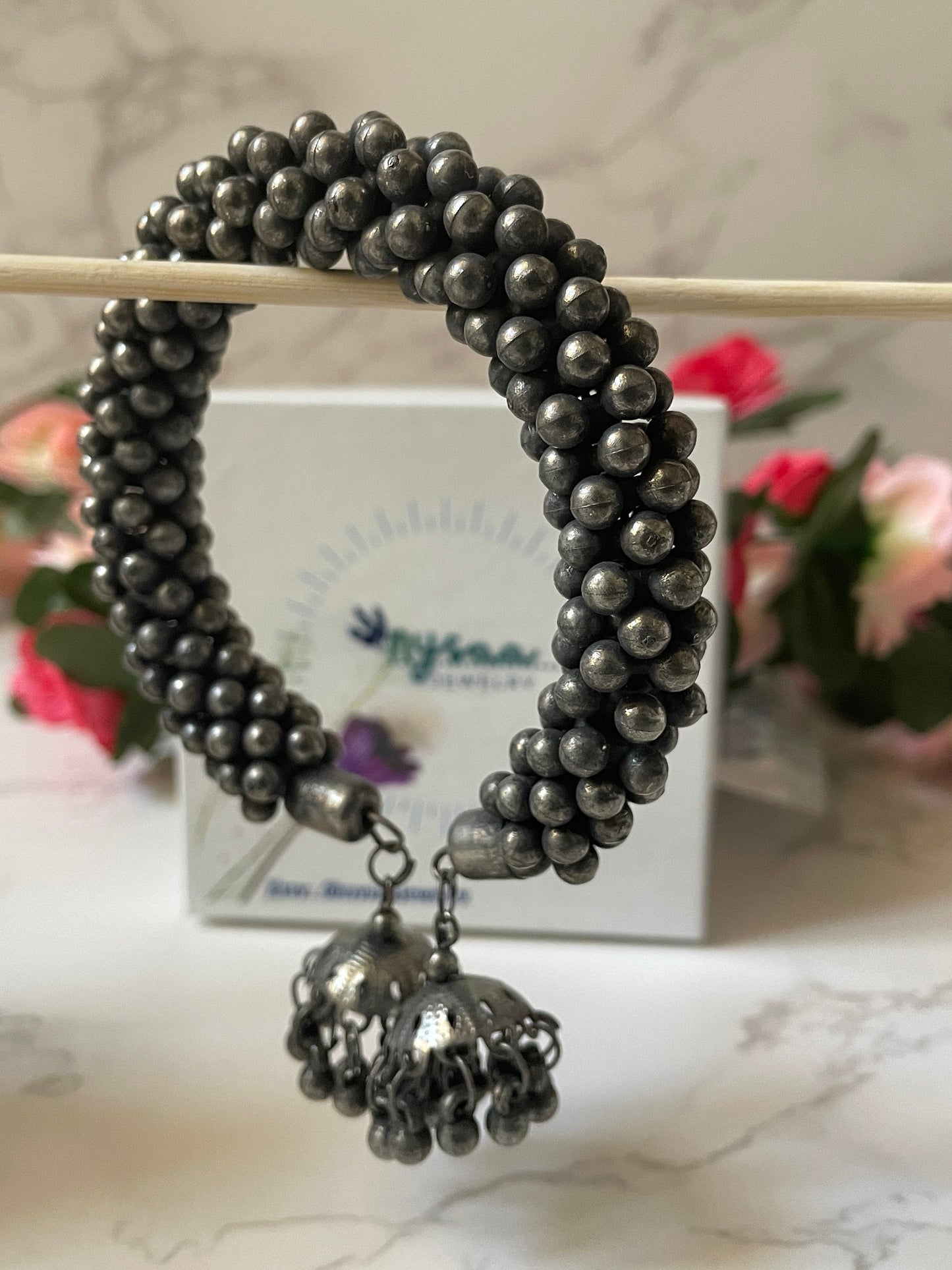 Black Oxidized Ghungaroo Cuff Bracelet: Adjustable Bangle