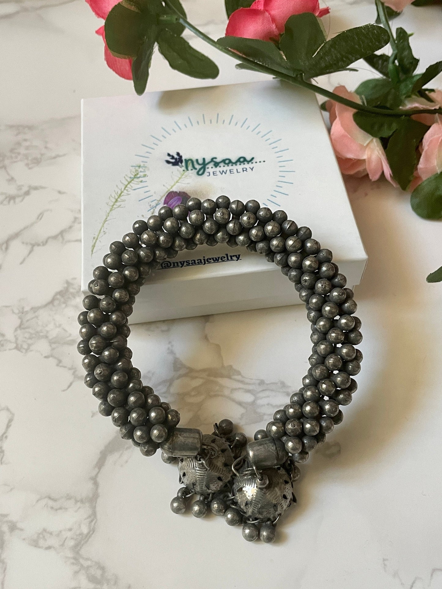 Black Oxidized Ghungaroo Cuff Bracelet: Adjustable Bangle