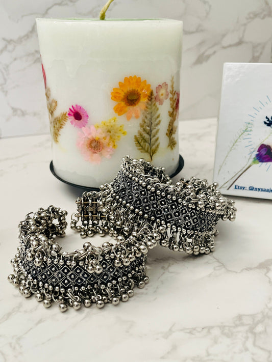 Oxidized Ghungaroo Cuff Bracelet: Adjustable Silver Bangle
