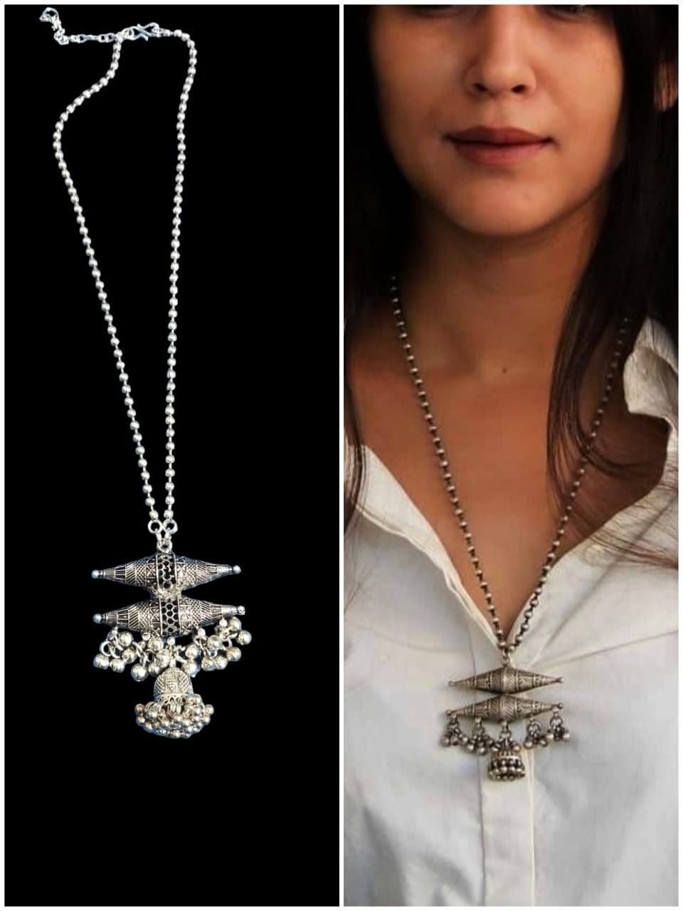 Oxidized Ghungaroo Necklace & Jhumki Earring Set: Indian Mala Jewelry