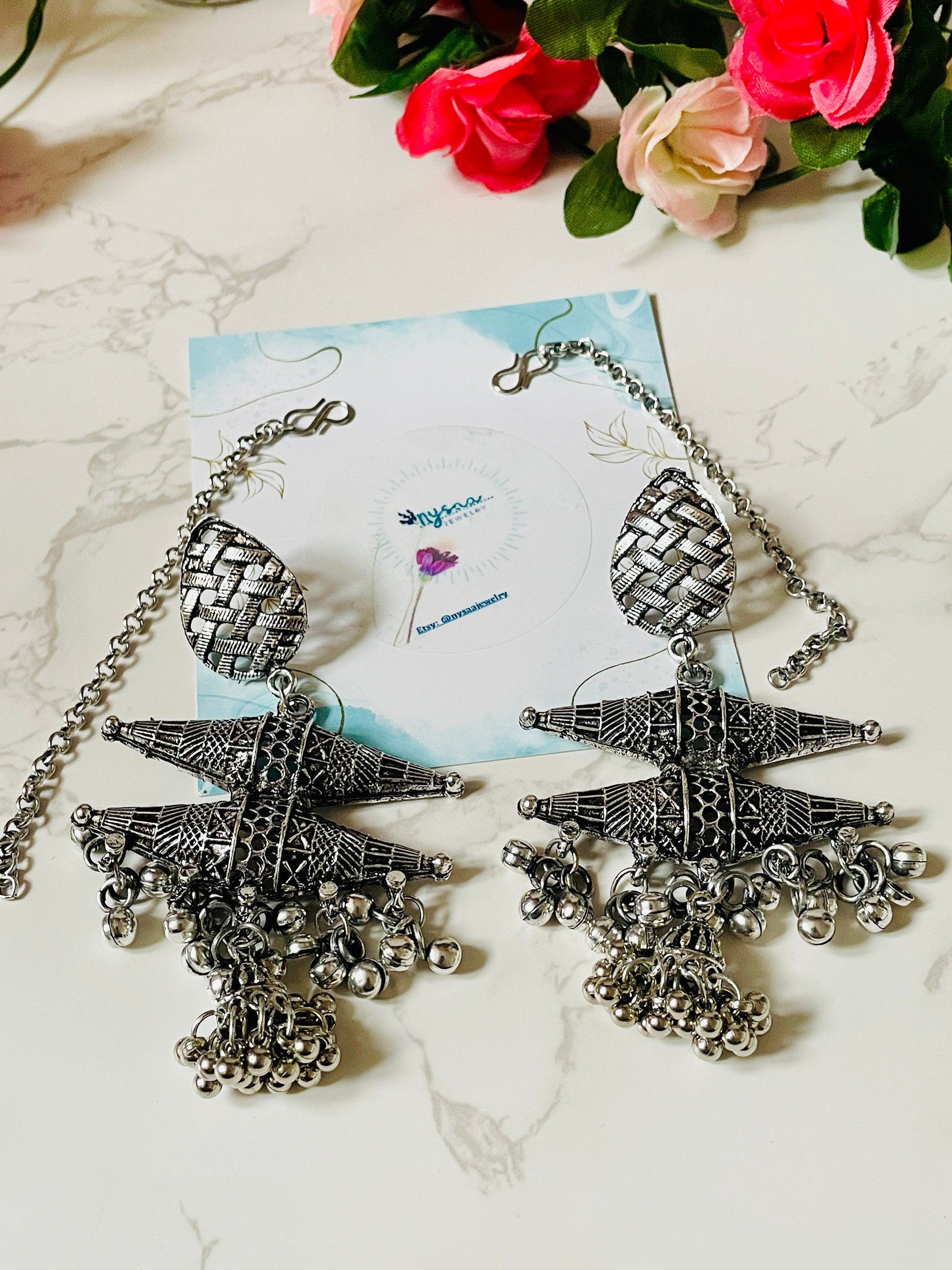 Oxidized Ghungaroo Necklace & Jhumki Earring Set: Indian Mala Jewelry