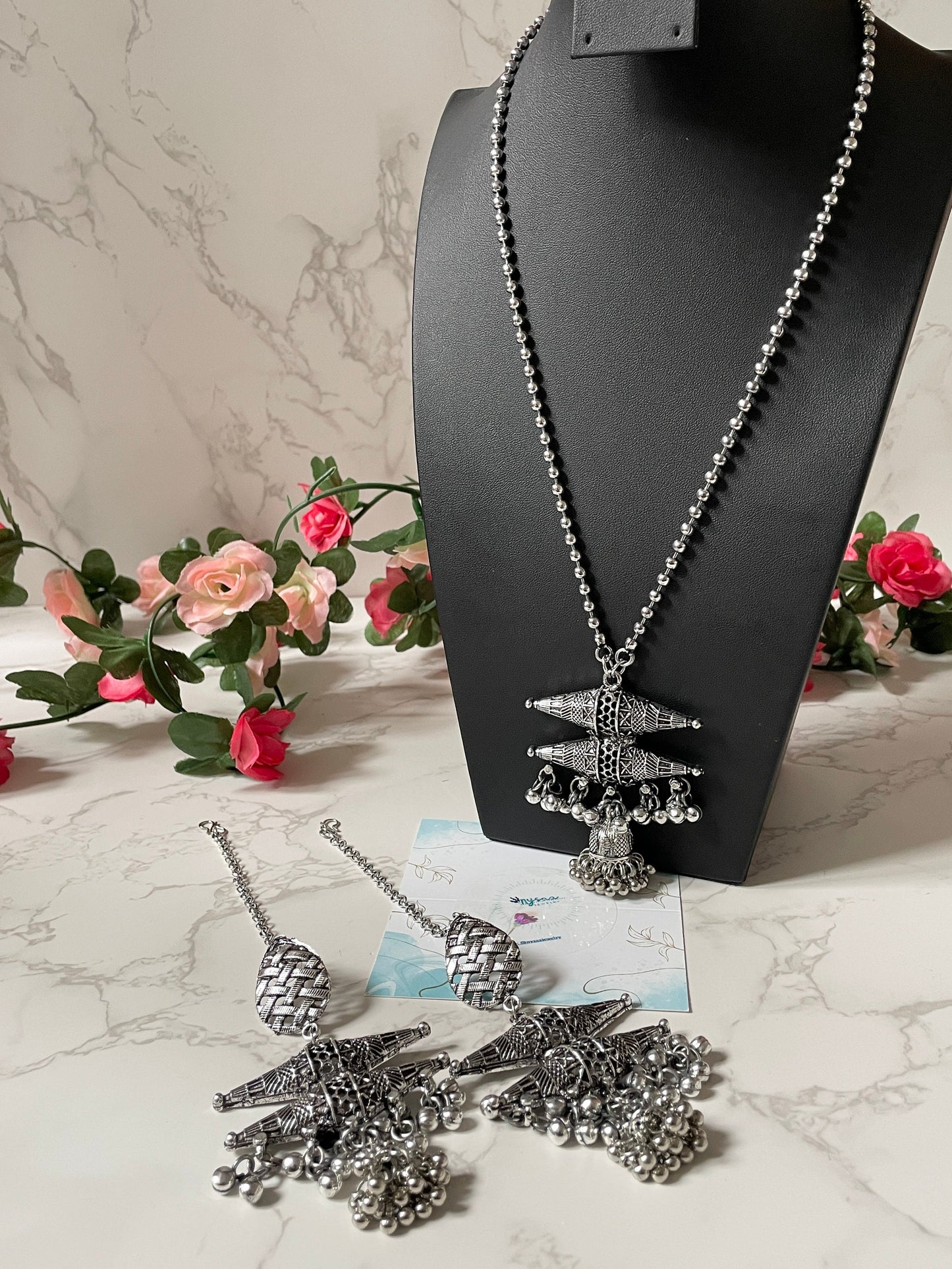 Oxidized Ghungaroo Necklace & Jhumki Earring Set: Indian Mala Jewelry