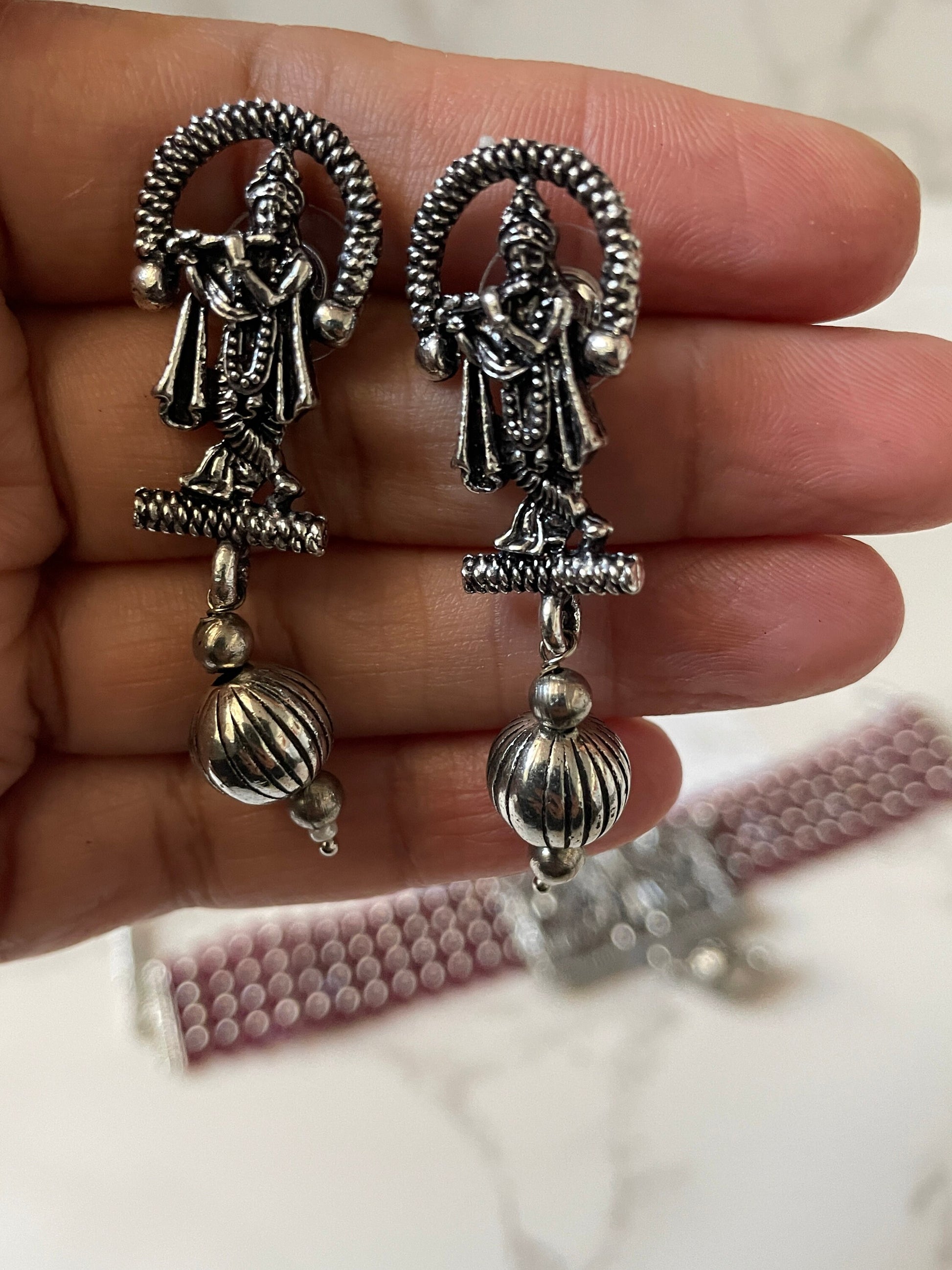 Oxidized Krishna Choker Necklace with Earrings: Red Beads