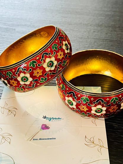 Gold Plated Minakari Bangles: Indian Peacock Jewelry (Set of 2)