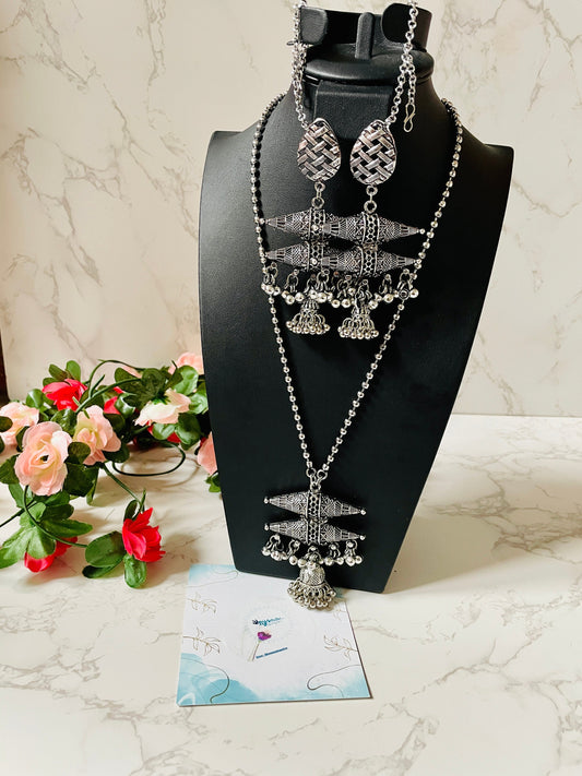 Oxidized Ghungaroo Necklace & Jhumki Earring Set: Indian Mala Jewelry