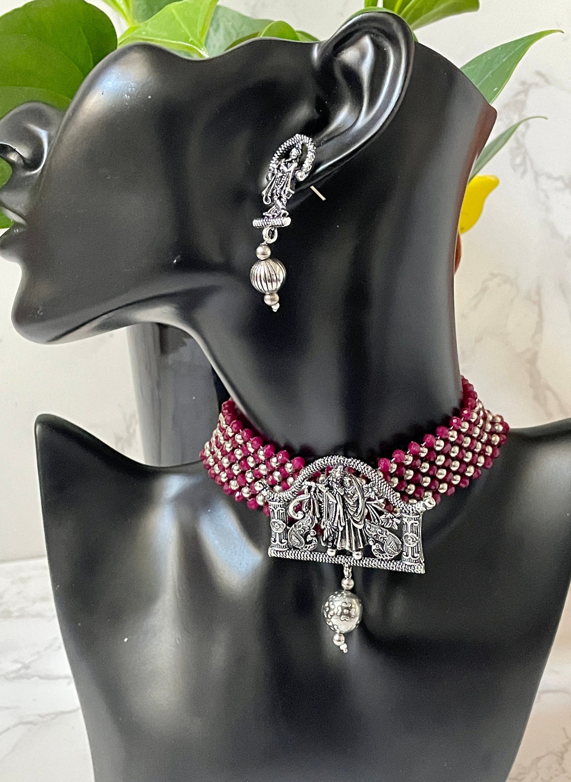 Oxidized Krishna Choker Necklace with Earrings: Red Beads
