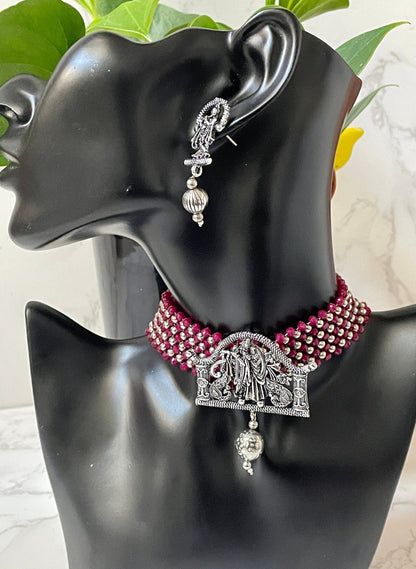 Oxidized Krishna Choker Necklace with Earrings: Red Beads