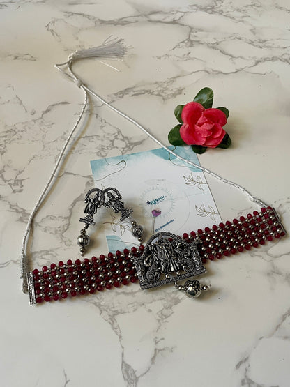 Oxidized Krishna Choker Necklace with Earrings: Red Beads