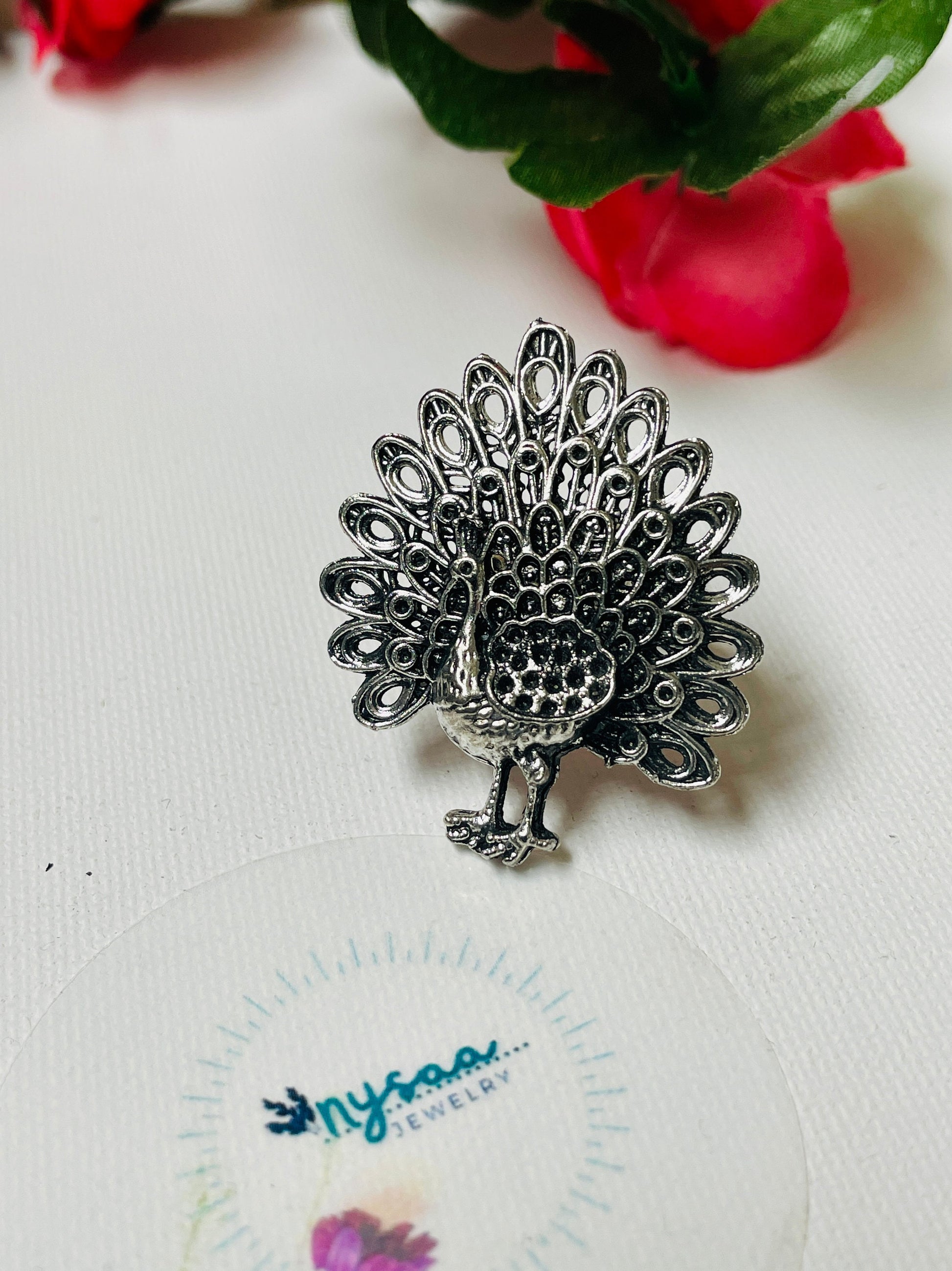 Oxidized Silver Peacock Ring: Adjustable Ghungaroo Ring