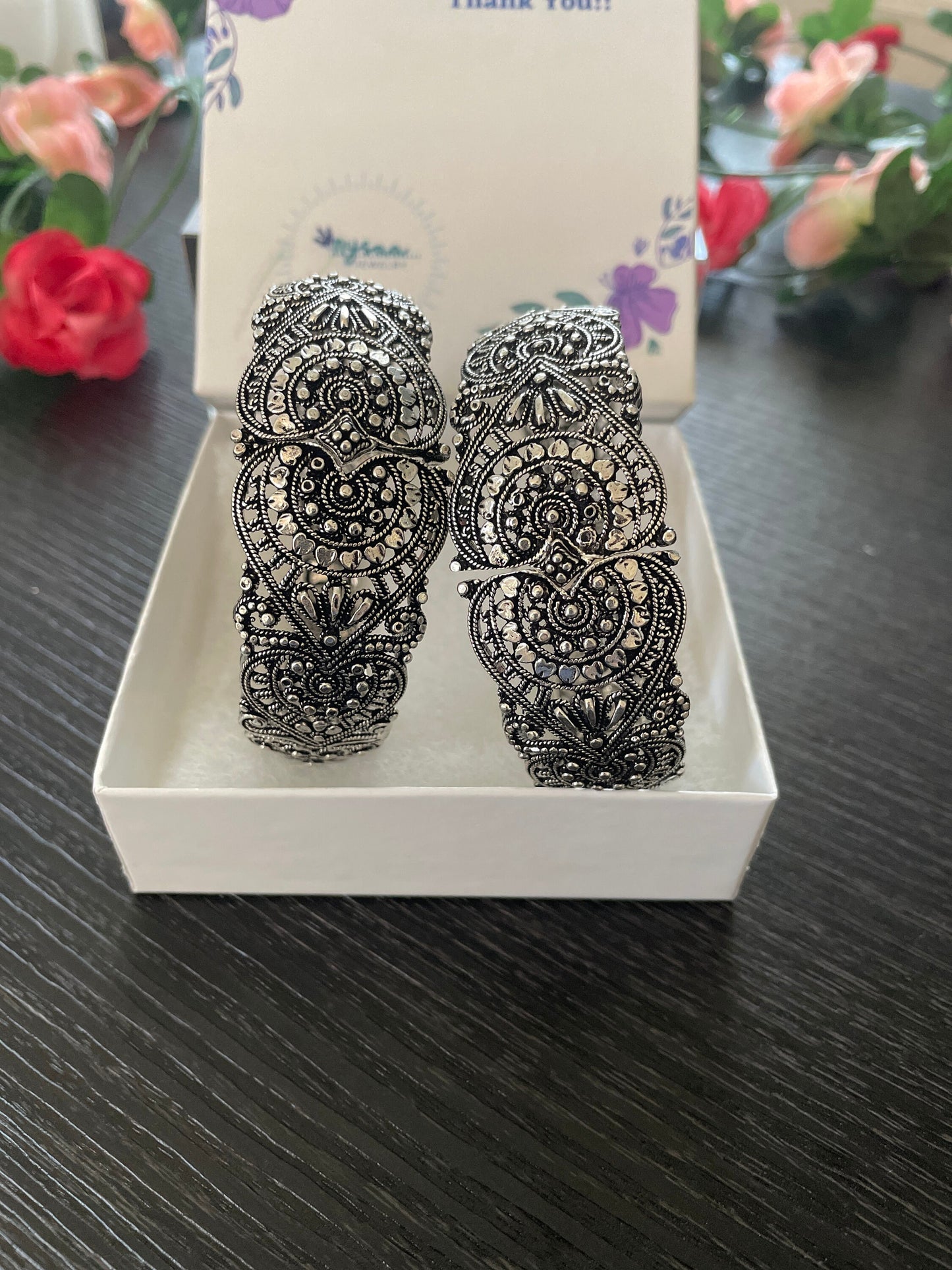Oxidized Silver Bangle | Adjustable Carved Indian Bracelet