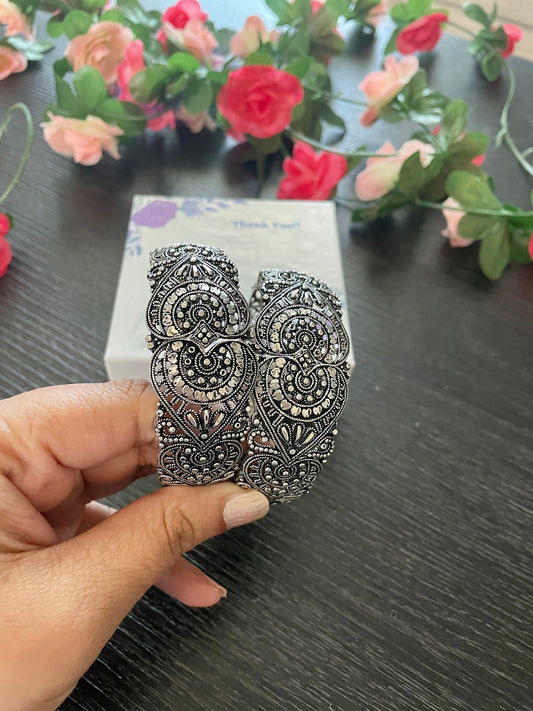 Oxidized Silver Bangle | Adjustable Carved Indian Bracelet