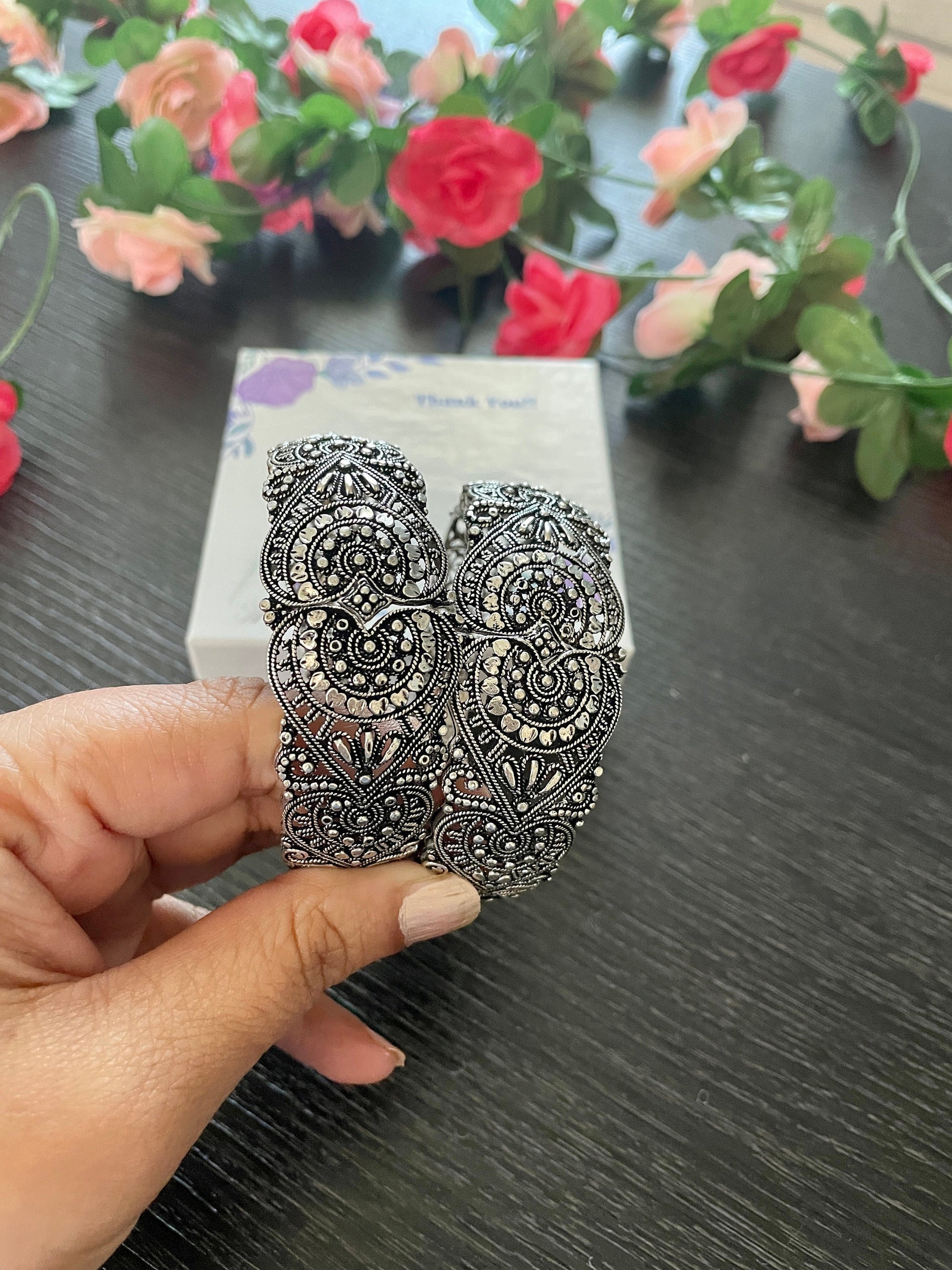 Oxidized Silver Bangle | Adjustable Carved Indian Bracelet