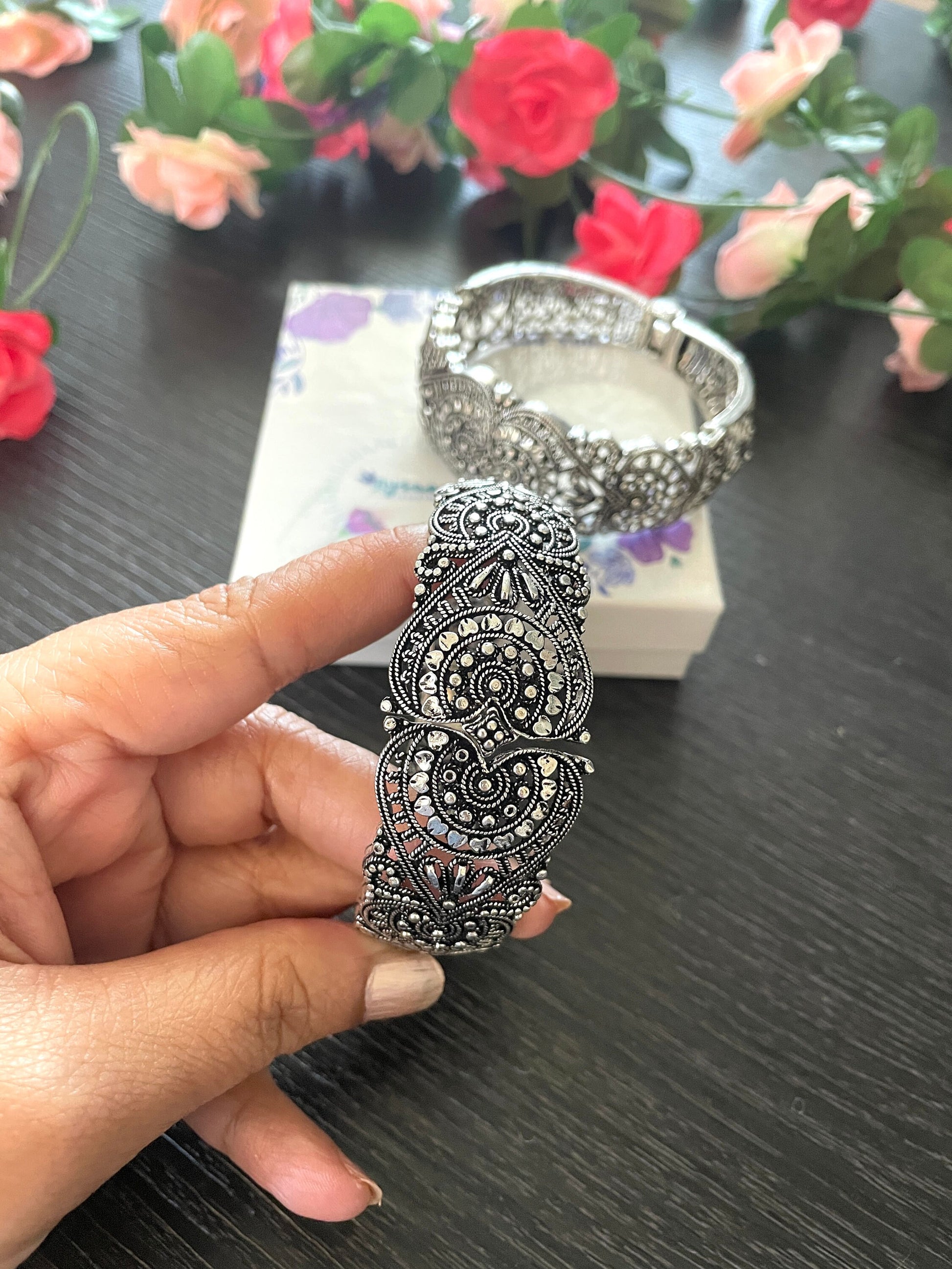 Oxidized Silver Bangle | Adjustable Carved Indian Bracelet