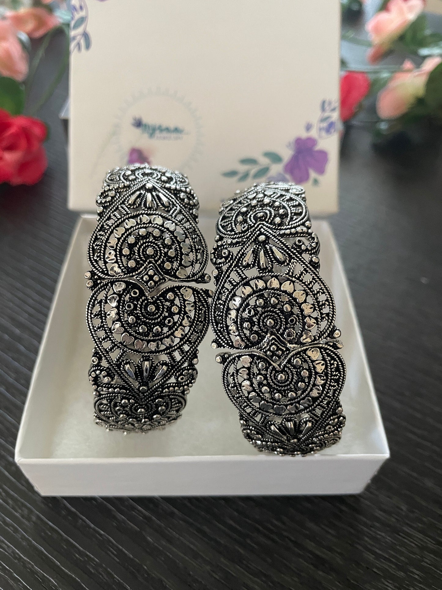 Oxidized Silver Bangle | Adjustable Carved Indian Bracelet