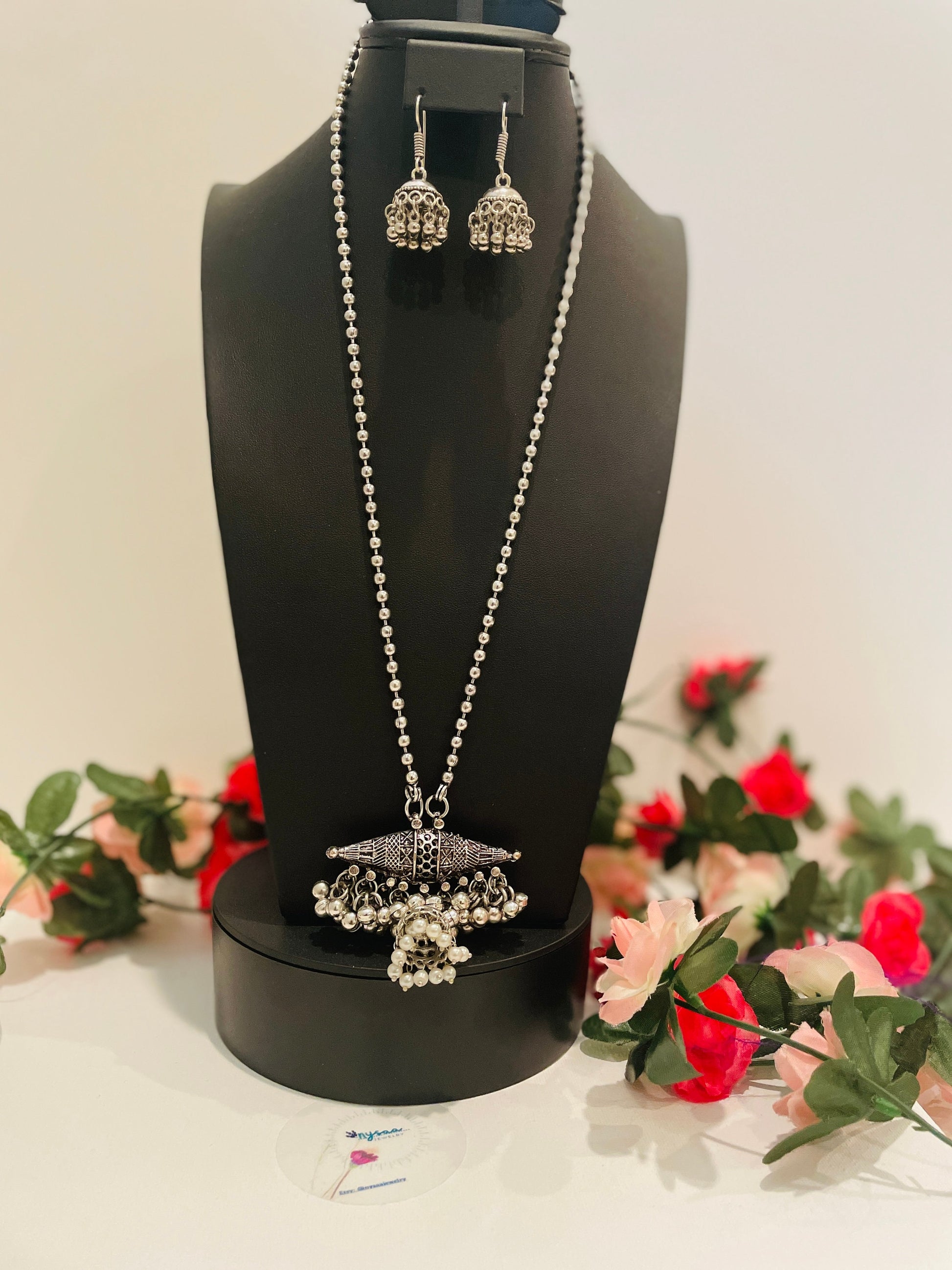 Oxidized Ghungaroo Necklace & Jhumki Earring Set: Indian Mala Jewelry