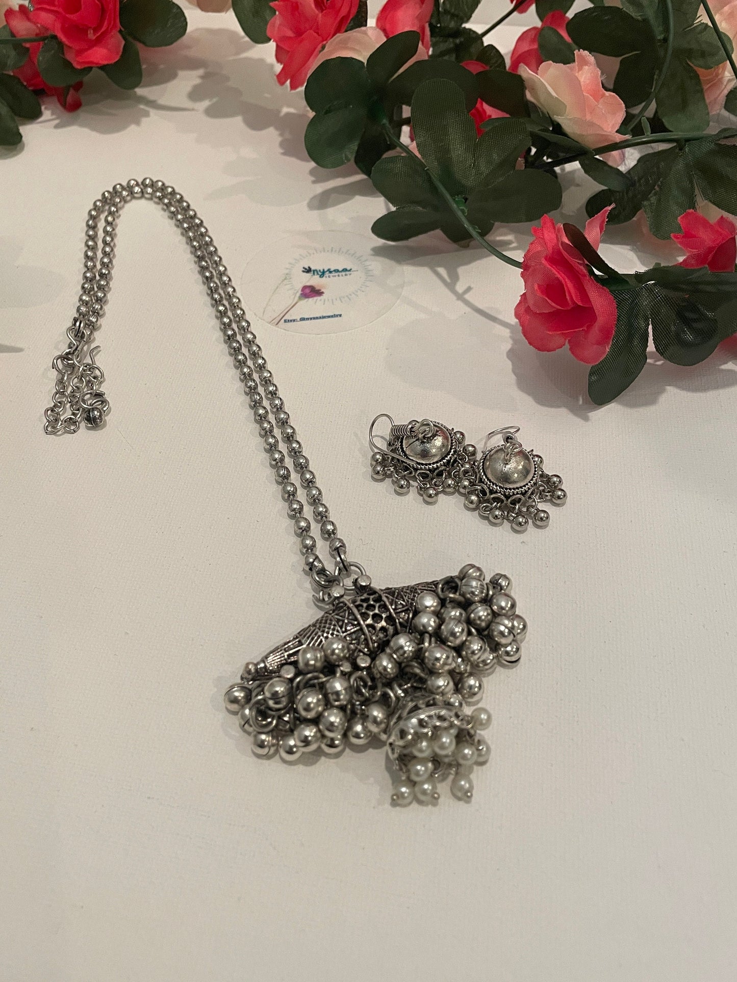 Oxidized Ghungaroo Necklace & Jhumki Earring Set: Indian Mala Jewelry