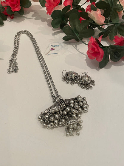 Oxidized Ghungaroo Necklace & Jhumki Earring Set: Indian Mala Jewelry