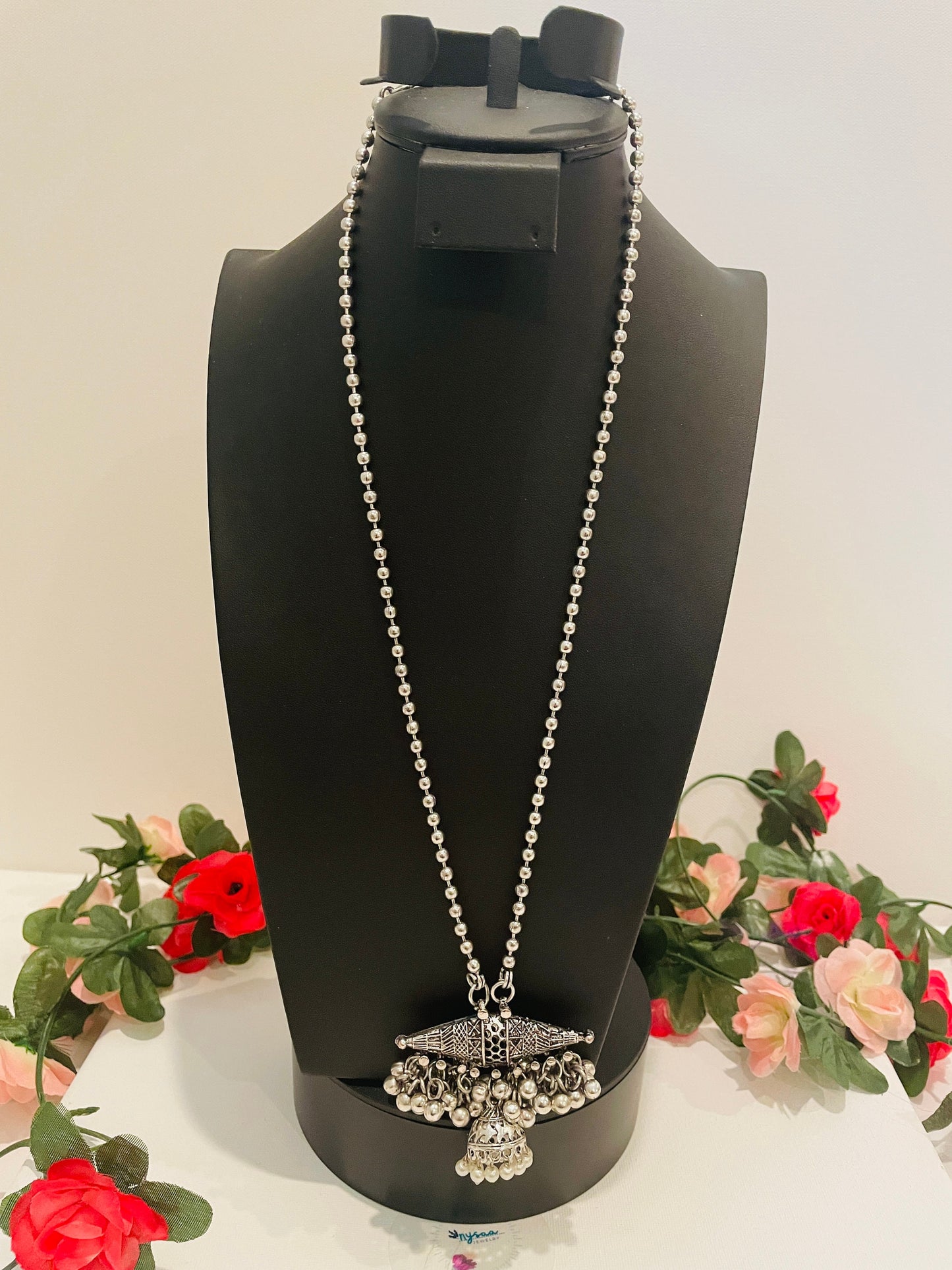 Oxidized Ghungaroo Necklace & Jhumki Earring Set: Indian Mala Jewelry