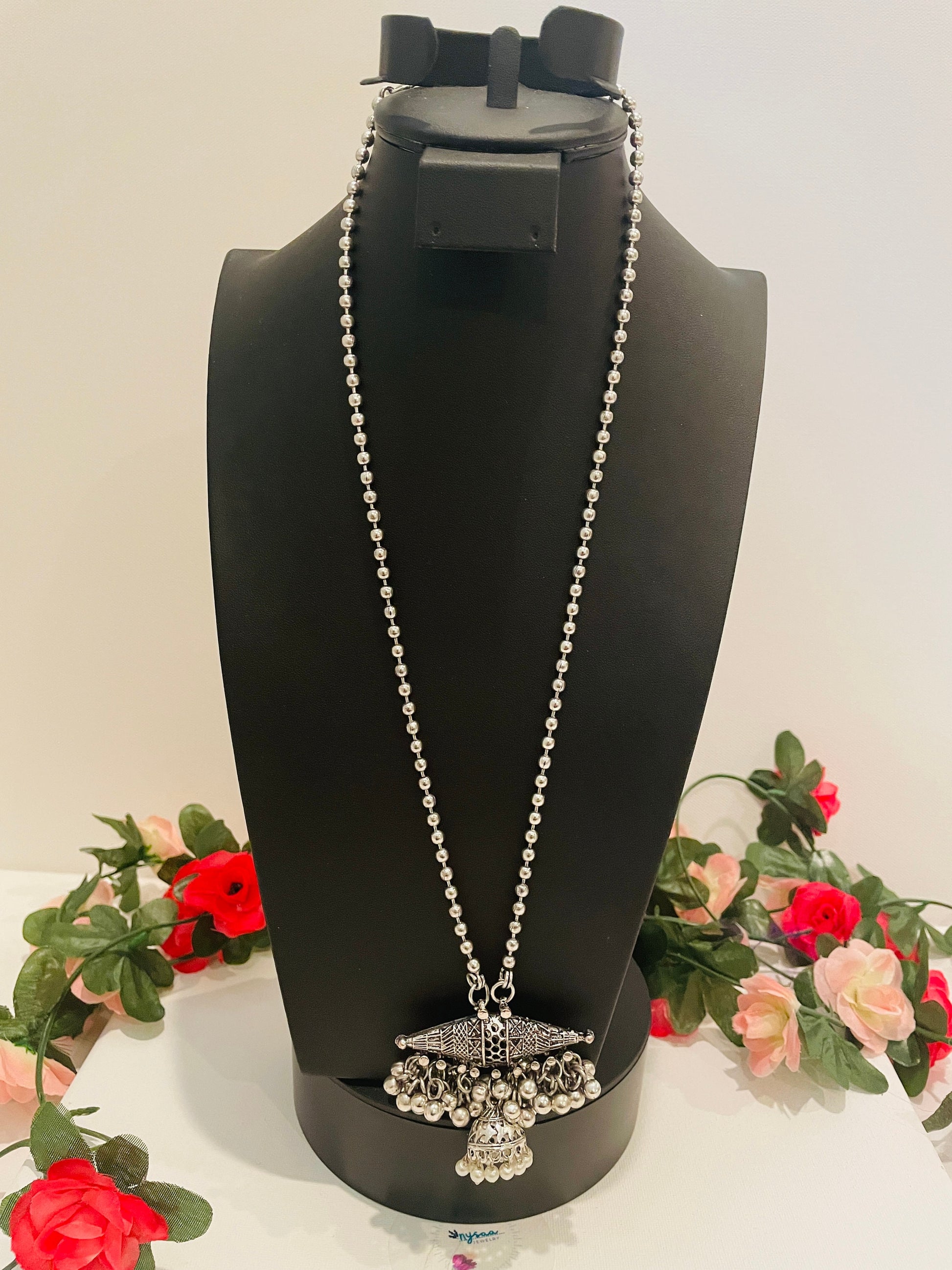 Oxidized Ghungaroo Necklace & Jhumki Earring Set: Indian Mala Jewelry