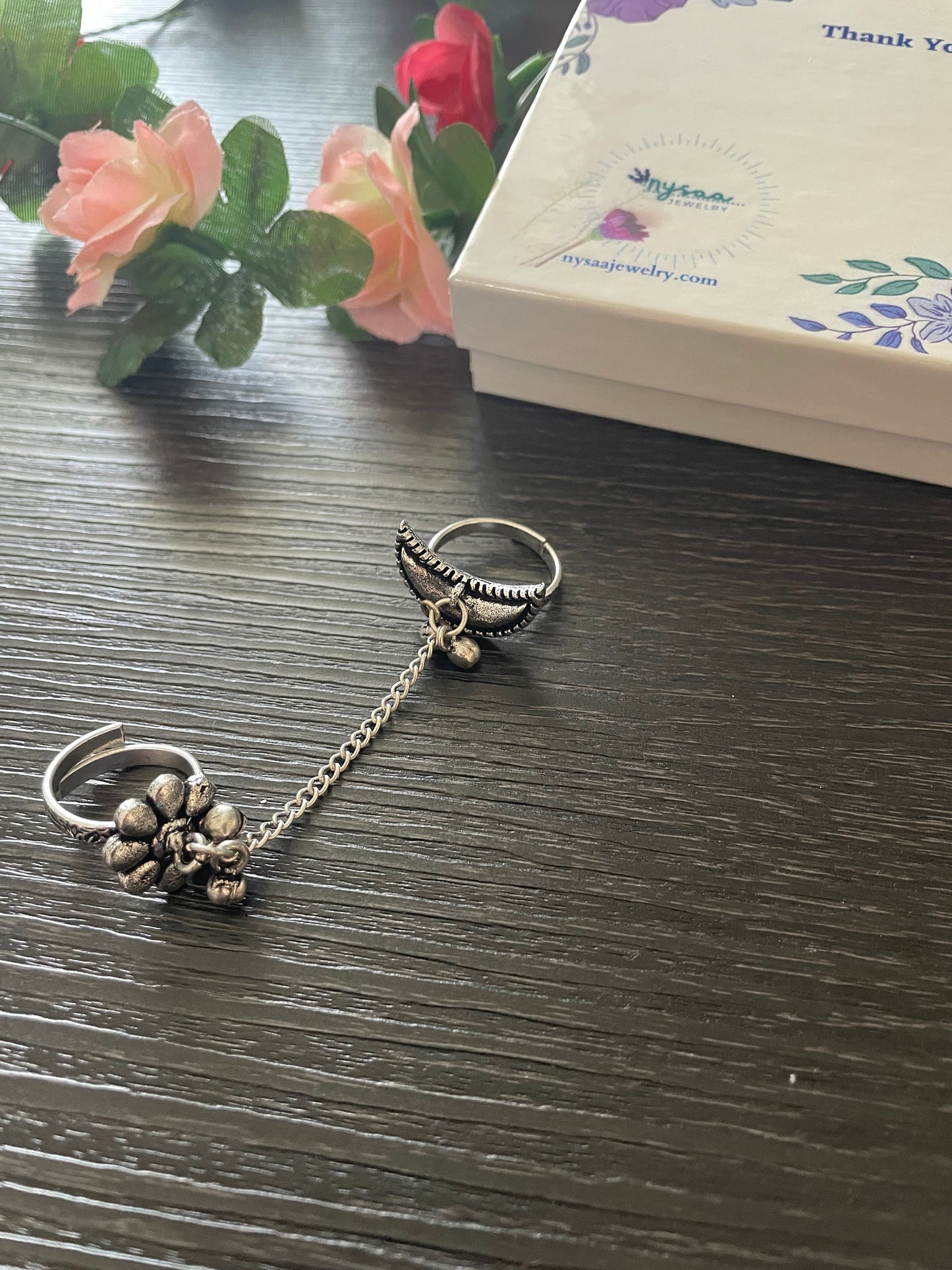 Adjustable chain ring in moon n flower setting | matching bracelet