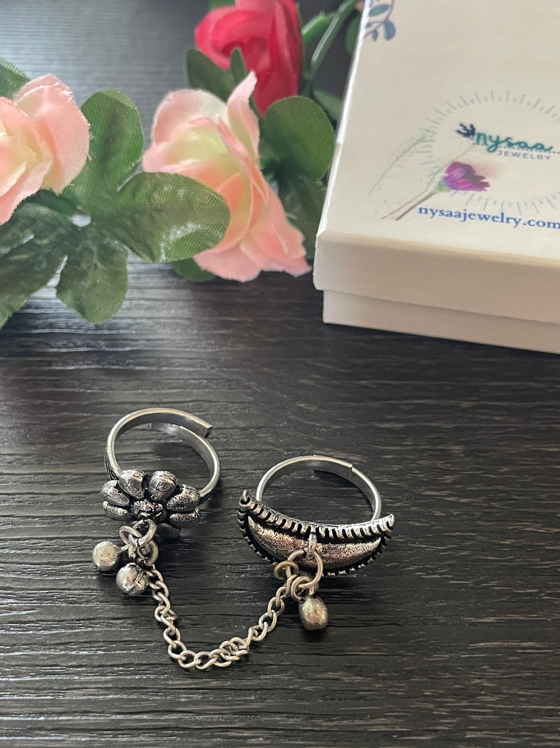 Adjustable chain ring in moon n flower setting | matching bracelet