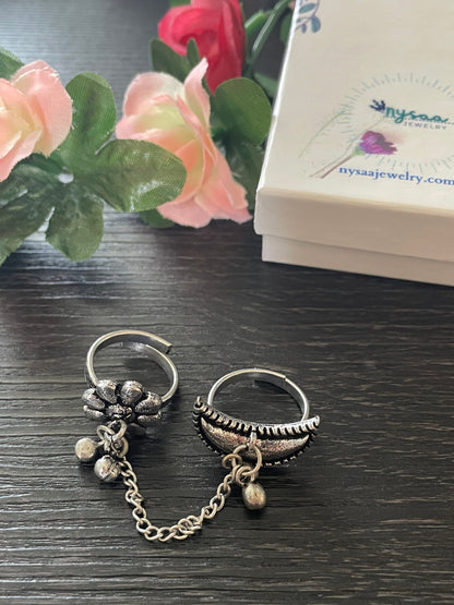 Adjustable chain ring in moon n flower setting | matching bracelet