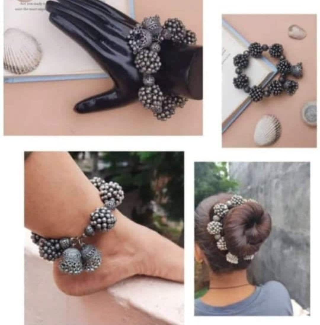Oxidized Ghungaroo Cuff Bracelet: Adjustable Bangle, Hair Accessory