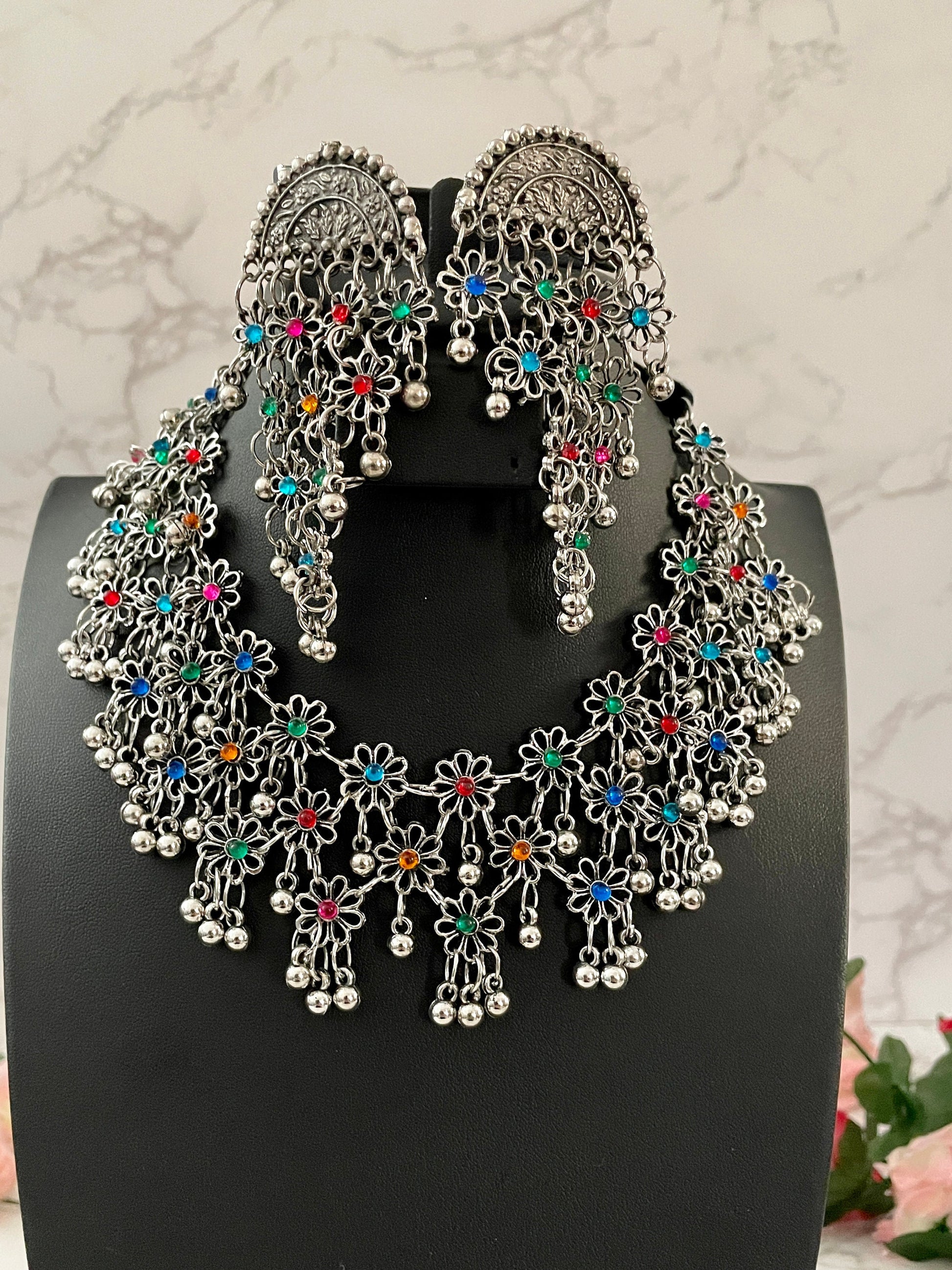 Oxidized Multicolor Necklace and Earrings Set: Lightweight Alloy Jewelry