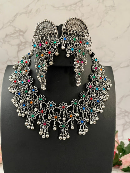 Oxidized Multicolor Necklace and Earrings Set: Lightweight Alloy Jewelry