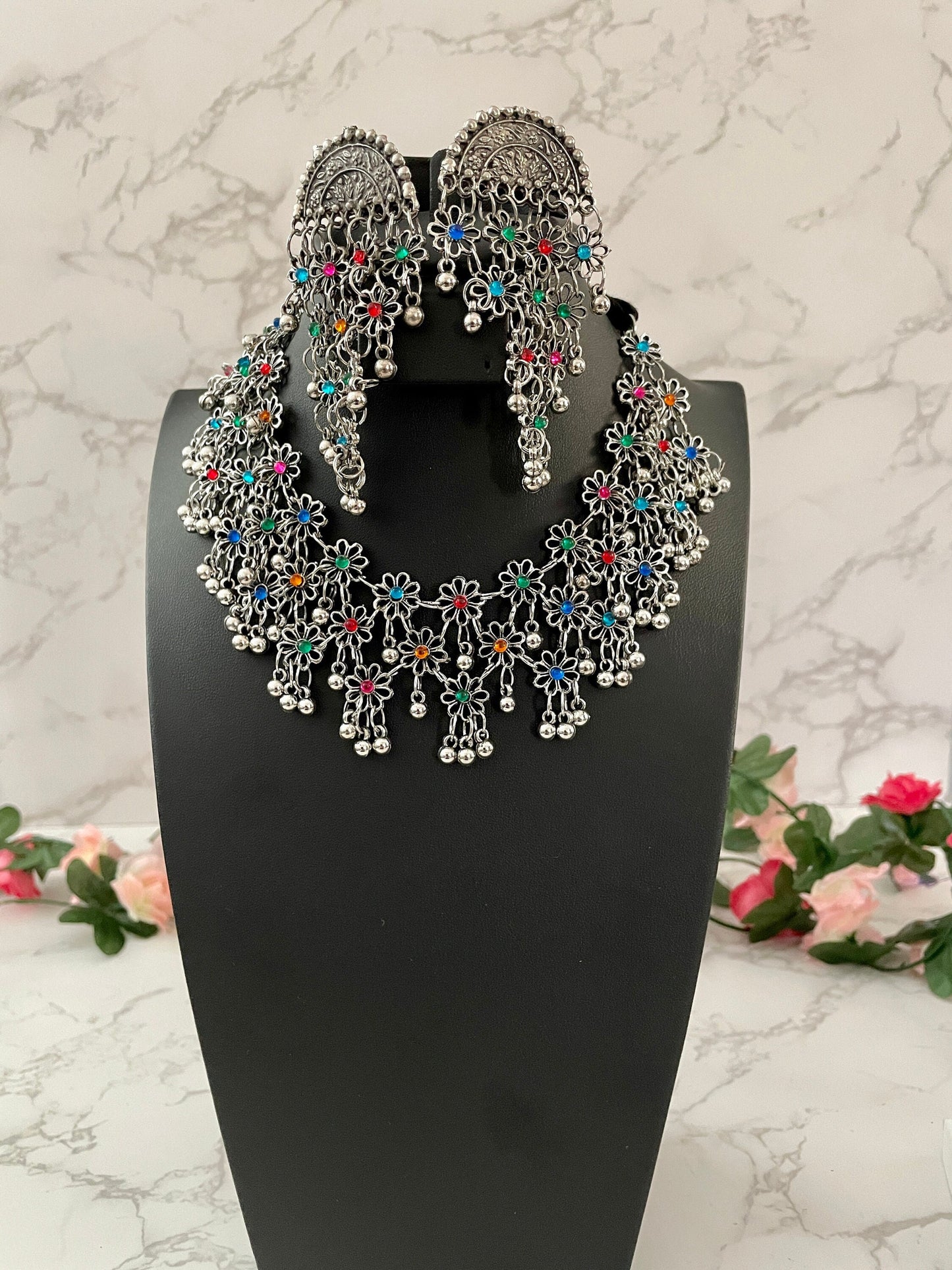 Oxidized Multicolor Necklace and Earrings Set: Lightweight Alloy Jewelry